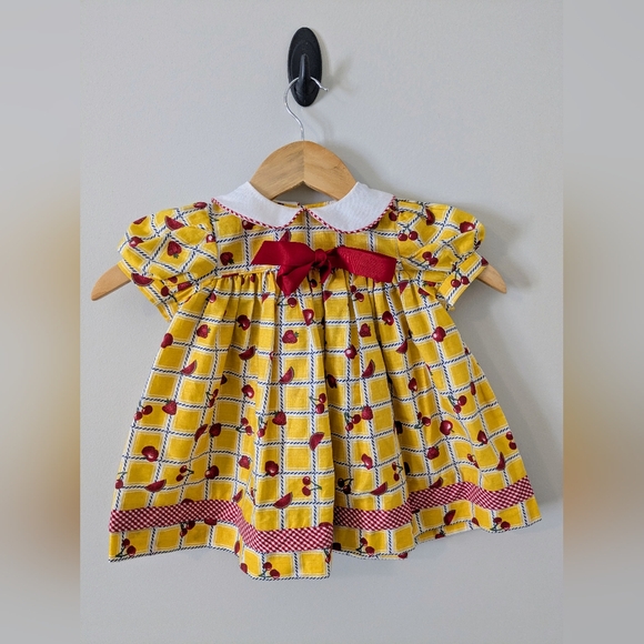 Vintage Ruth Of Carolina Yellow Plaid Dress Fruit Cherries Watermelon Strawberry - Picture 1 of 9